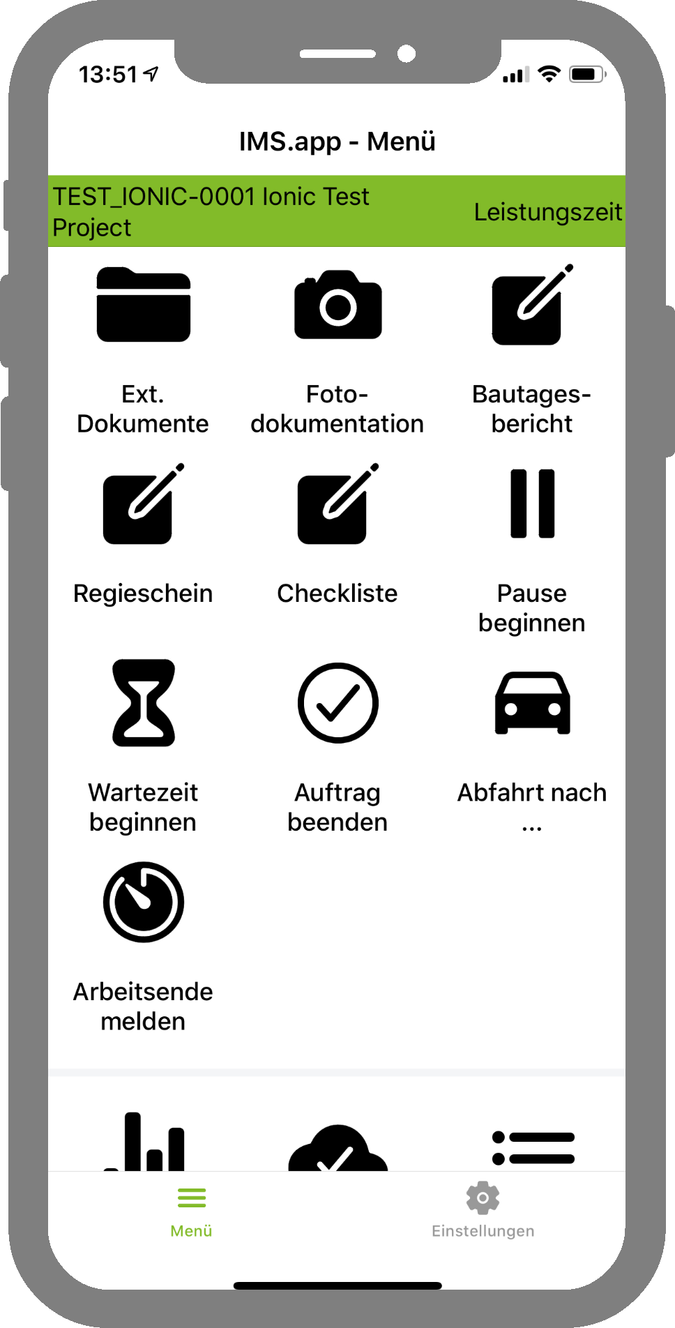 IMS app menu on phone showing icons for core functions