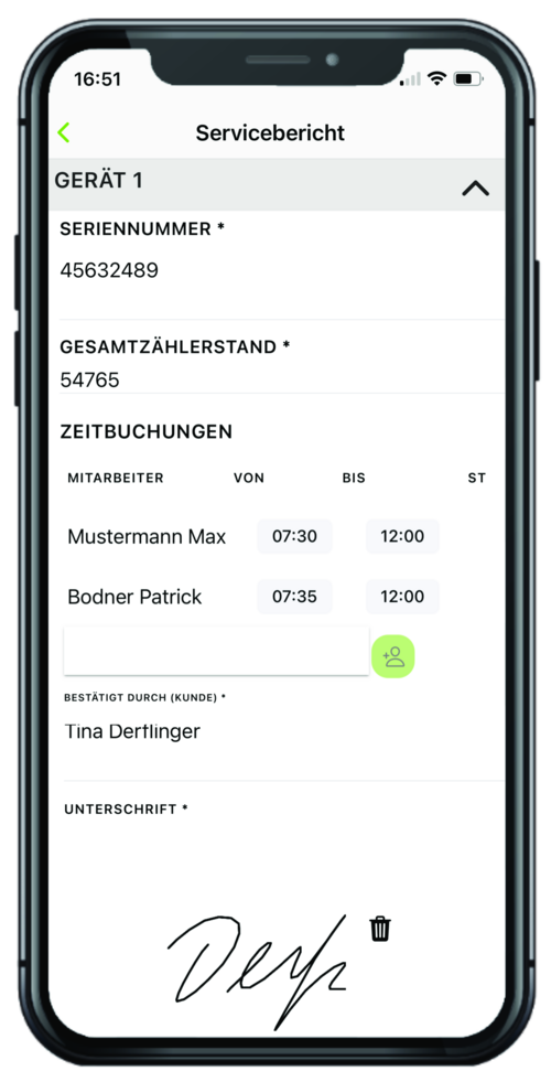 Mobile phone showing service report form with customer signature
