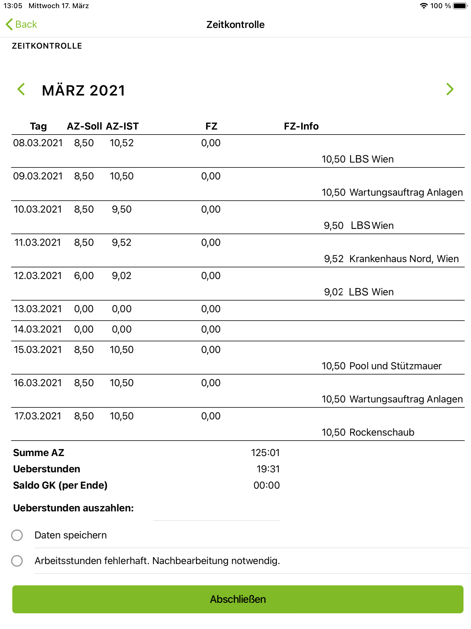 Tablet showing time tracking grid